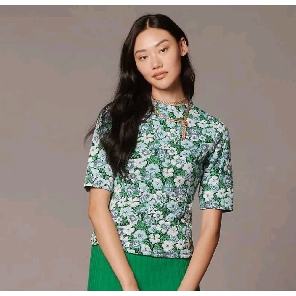 Maeve Anthropologie Green Blue Floral Mock Neck Short Sleeve Jacquard Top XXS